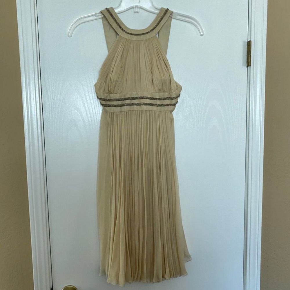versace sleeveless silk pleated dress w/ chain detail